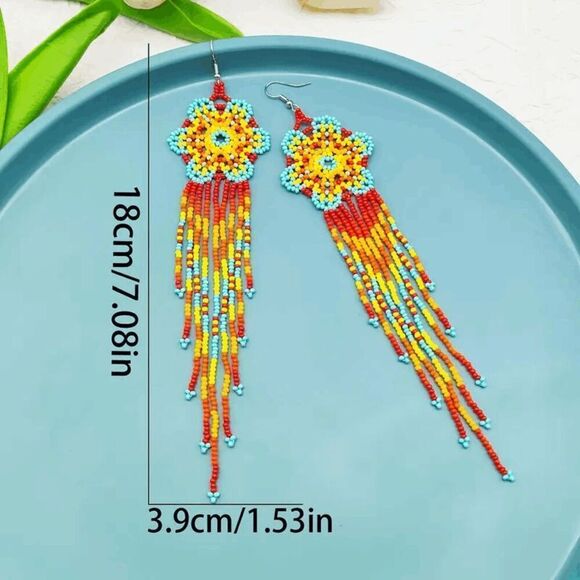 Boho Multicolor Beaded Flower Dangle Earrings - Picture 5 of 6